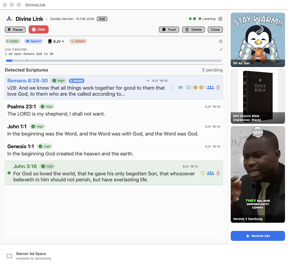 Divine Link free tier showing sidebar ads