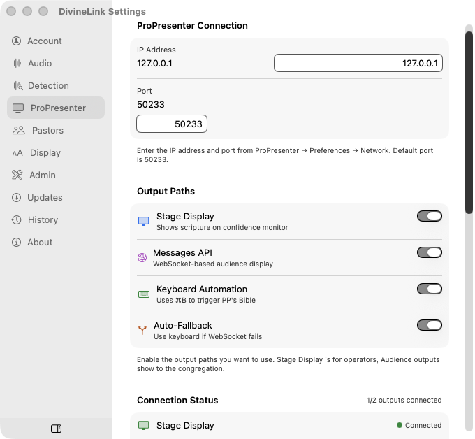 Divine Link ProPresenter connection settings