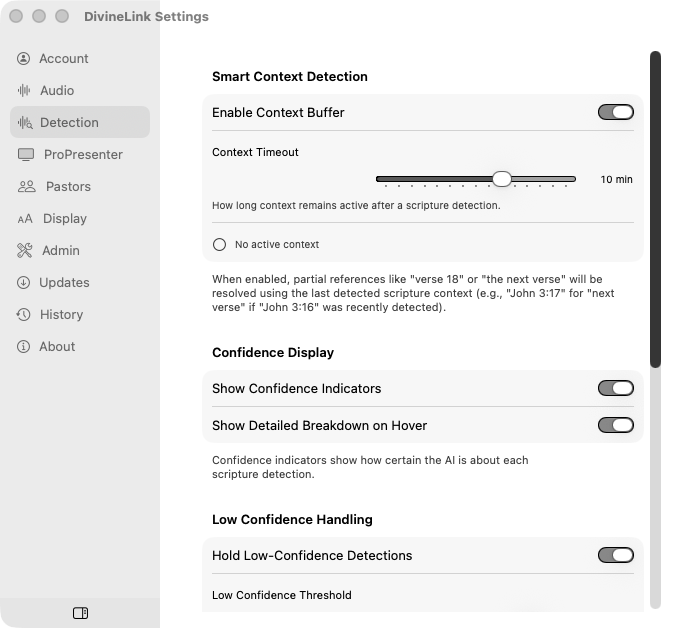 Divine Link detection sensitivity settings